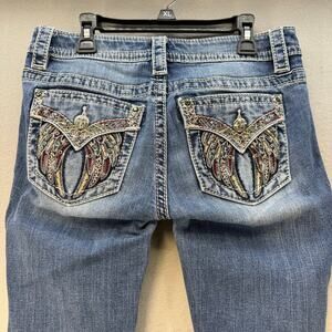 Miss Me Jeans Women's 26x30 (Size 2) Blue Skinny Angel Wings Faux Pocket Flap